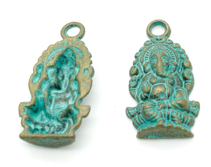 Antiqued Patina Green Bronze Charm Beads Pendant Earing 27mm x 14mm x 4mm - Hindu Ganesha