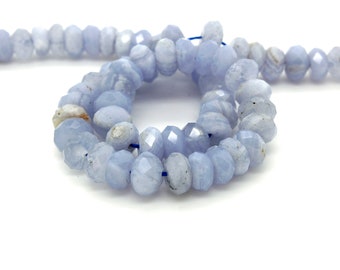 Natural Blue Lace Agate Faceted Rondelle Loose Gemstone Beads - Full Strand