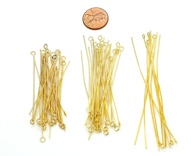 Lot Gold Plated Eye Pins - 2" - 2.25" - 3" - 20 Gauge - 0.8mm - Jewelry Findings - Gold Plated Headpins - PAS63