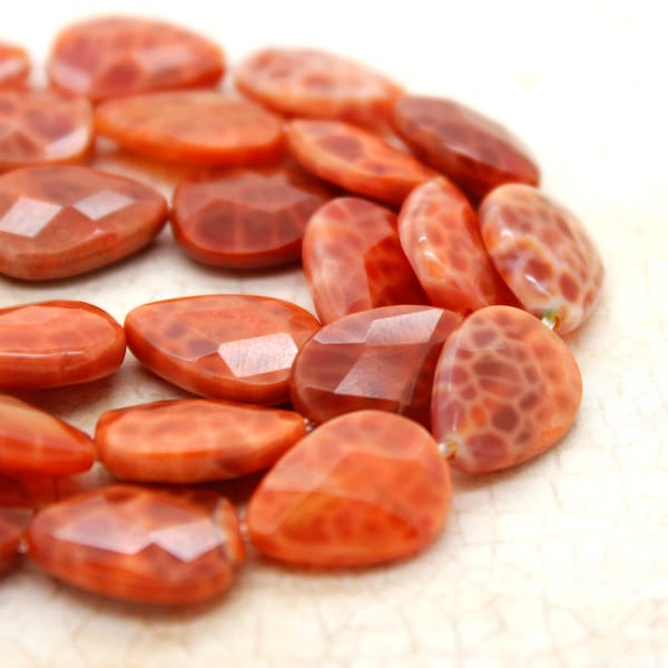 Fire Agate Gemstone Beads, Orange Fire Agate Flat Faceted Pear Drop Natural Gemstone Beads - PG178