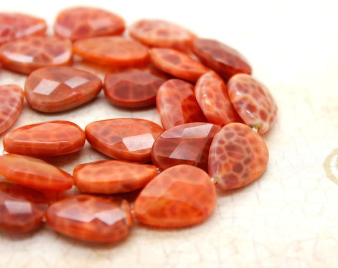 Fire Agate Gemstone Beads, Orange Fire Agate Flat Faceted Pear Drop Natural Gemstone Beads - PG178