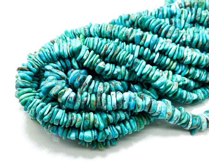 Natural Turquoise, Genuine Arizona Turquoise Polished Smooth Flat Rondelle Nugget Chip Gemstone Beads (Assorted Size) - PGS273