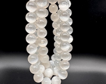 AAA Rare Genuine Natural White Selenite Polished Smooth Round Gemston Beads - PG17
