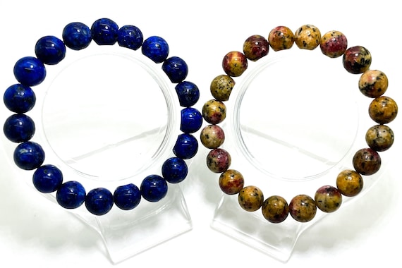 Jasper Bracelet, Blue Yellow Jasper Smooth Round Gemstone 8mm 10mm Beads Stretch Handmade Bracelet - PGB160