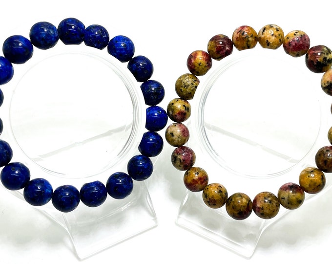 Jasper Bracelet, Blue Yellow Jasper Smooth Round Gemstone 8mm 10mm Beads Stretch Handmade Bracelet - PGB160