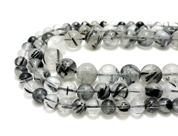 AAA Black Hair Tourmaline Beads, Natural Black Tourmaline Rutile Quartz Smooth Round Ball Sphere  Gemstone Beads - RN42A