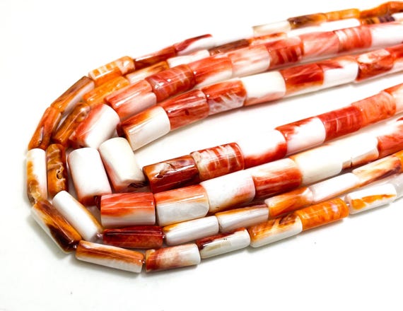 Natural Genuine Native America Spiny Oyster Shell Stick Tooth Cylinder Smooth Orange Beads - PG205