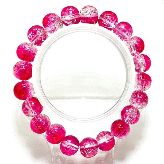 Crackle Quartz Handmade Cracked Crystal 10mm Polished Smooth Gemstone Bracelet (Fushia Red Clear) - PGB238D