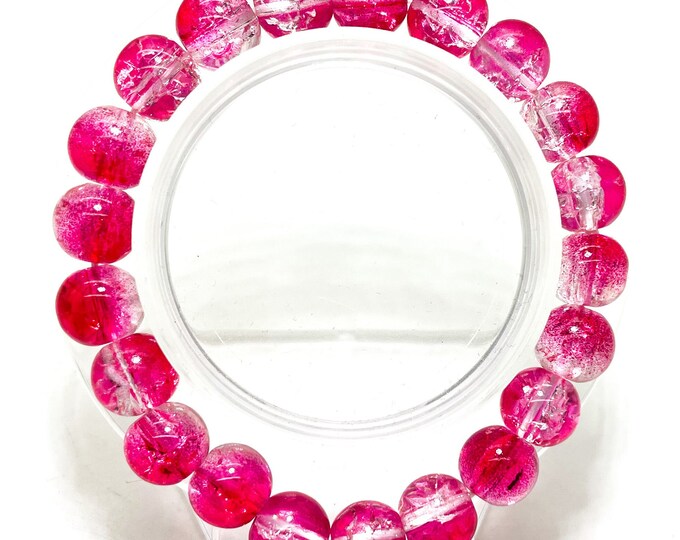 Crackle Quartz Handmade Cracked Crystal 10mm Polished Smooth Gemstone Bracelet (Fushia Red Clear) - PGB238D