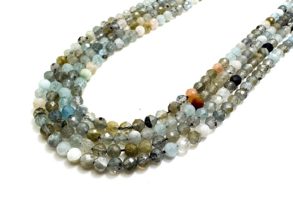 Natural Mixed Labradorite Aquamarine Moonstone Faceted Round 4mm Gemstone Beads - RNF21