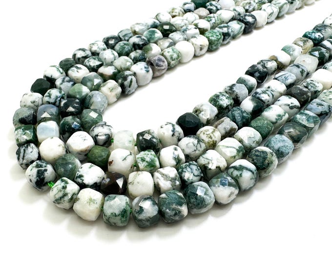 Natural Green Tree Agate B Faceted Square Cube 7mm Gemstone Beads - PGS121