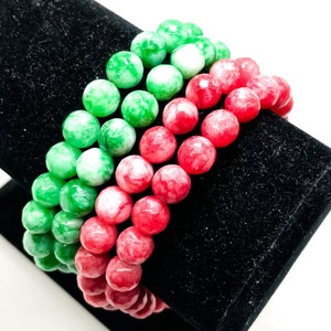 Agate Bracelet, Faceted Round Agate Gemstone Beads Dyed Green Pink Stretch Elastic Cord Handmade Beaded Bracelet- PGB174