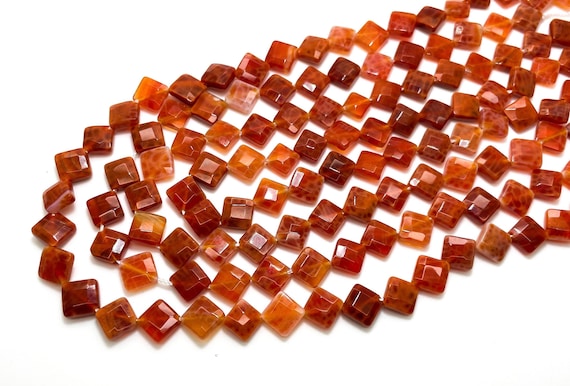 Fire Agate Beads, Natural Red Fire Agate Smooth Faceted Flat Square Gemstone Beads - PG190