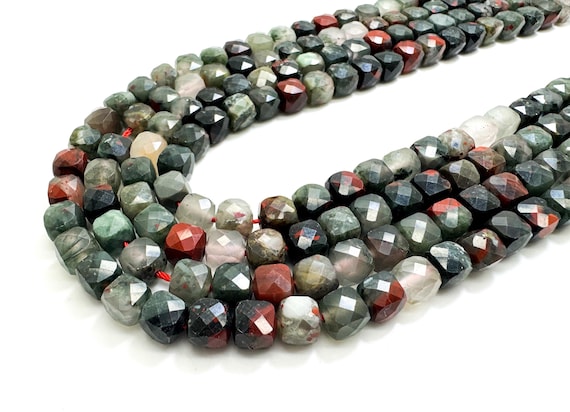 Natural African Bloodstone Faceted Square Cube 7mm Green Red Gemstone Beads - PGS121