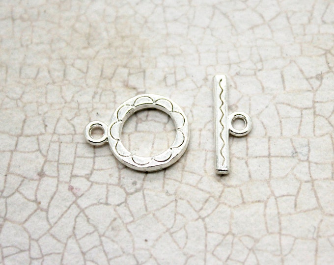Bulk 20pcs 11mm x 14mm Silver Round Shape Enamel Lines Toggle Antiqued Clasps, Jump Ring, Necklace Bracelet, Connectors, Jewelry Supplies