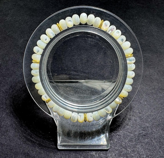 White Mother of Pearl Shell Stretch Bracelet – 6mm Beads, 6.5" – Gold Spacer Accents – Protection • Soothing • Harmony - PGB8R46