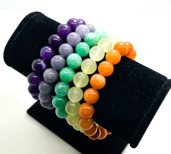 Jade Bracelet, Orange Green Lime Purple Jade Smooth Round Gemstone 10mm Beads Stretch Elastic Cord Bracelet - PGB168