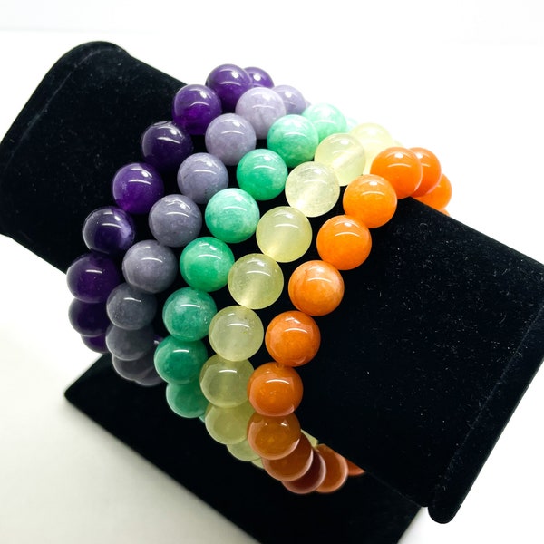 Jade Bracelet, Orange Green Lime Purple Jade Smooth Round Gemstone 10mm Beads Stretch Elastic Cord Bracelet - PGB168