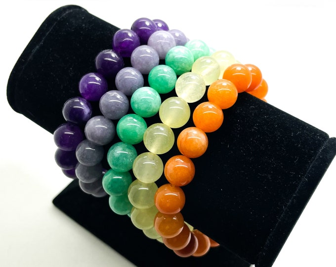 Jade Bracelet, Orange Green Lime Purple Jade Smooth Round Gemstone 10mm Beads Stretch Elastic Cord Bracelet - PGB168