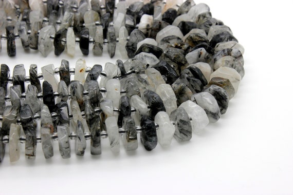 Rutilated Quartz, Natural Black Tourmaline Rutilated Quartz Chips Nuggets Rough Cut Irregular Shape Flat Gemstone Beads - RDS08