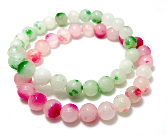 White Hot Pink / Green Agate Round Gemstone Beads Size 8mm Gemstone Elastic Cord Handmade Bracelet PGB26