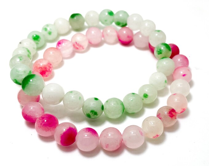 White Hot Pink / Green Agate Round Gemstone Beads Size 8mm Gemstone Elastic Cord Handmade Bracelet PGB26