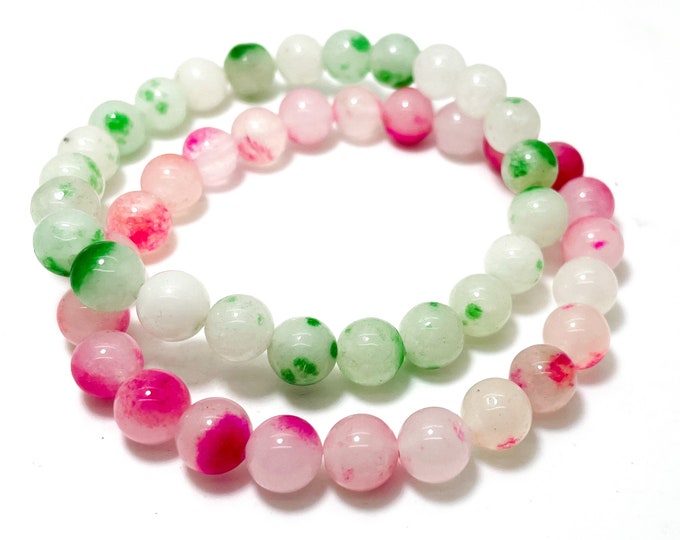 White Hot Pink / Green Agate Round Gemstone Beads Size 8mm Gemstone Elastic Cord Handmade Bracelet PGB26