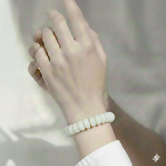 Creamy White Jade Bracelet: 10mm Rondelle Gemstone Beads