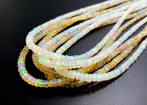 Ethiopian Opal, AAAA Genuine Natural (White, Gold) Rainbow Fire Ethiopian Opal Faceted Rondelle 1mm x 3mm ~ 2mm x 4mm Gemstone Beads RDF99A