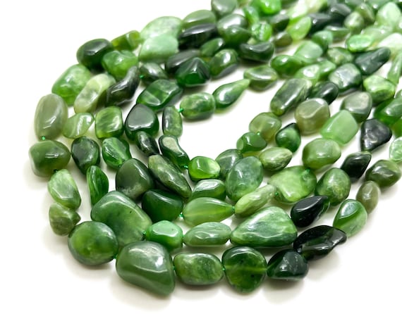 Green Nephrite Jade Beads, Natural Nephrite Jade Polished Nugget Pebble Round Barrel Gemstone Beads - PG318