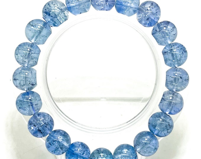 Crackle Quartz Handmade Cracked Crystal 10mm Polished Smooth Gemstone Bracelet (Ocean Blue) - PGB239J
