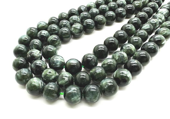 Natural Seraphinite, Green Russian Seraphinite Polished Smooth Round Sphere Gemstone Beads - RN127