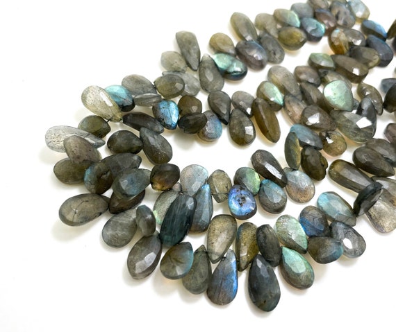 Natural Labradorite Beads, Faceted Teardrop Flat Rainbow Black Labradorite Gemstone Beads Half Strand - PG219