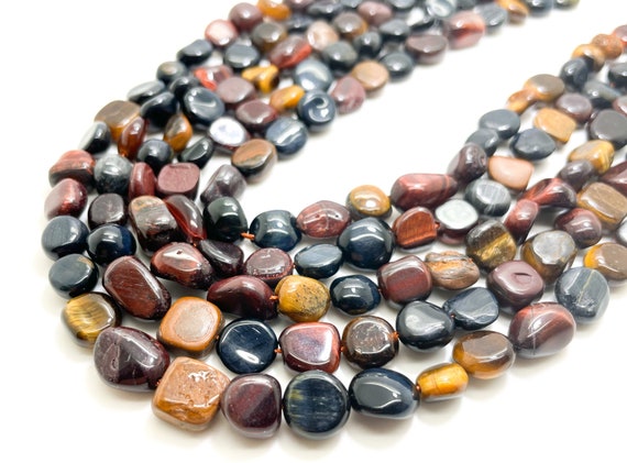 Tiger Eye Beads, Natural Yellow Red Blue Tiger Eye Polished Nugget Pebble Round Barrel Gemstone Beads - PGS382