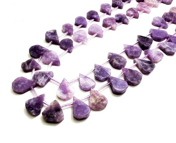 Natural Purple Lepidolite Teardrop Pear Smooth Flat Gemstone Beads - PGS172