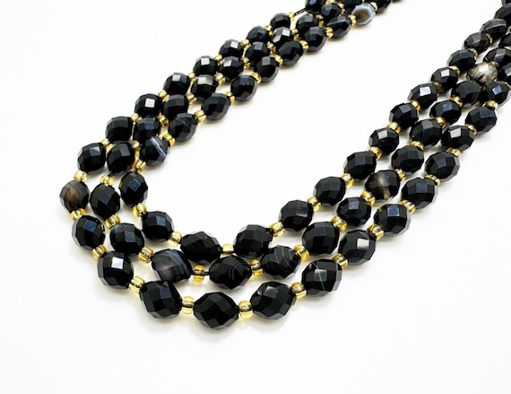 Natural Black Agate Faceted Oval Beads 6x8mm – Polished Dark Gemstone Strand 14.5" – Jewelry Making Supplies- PGS323