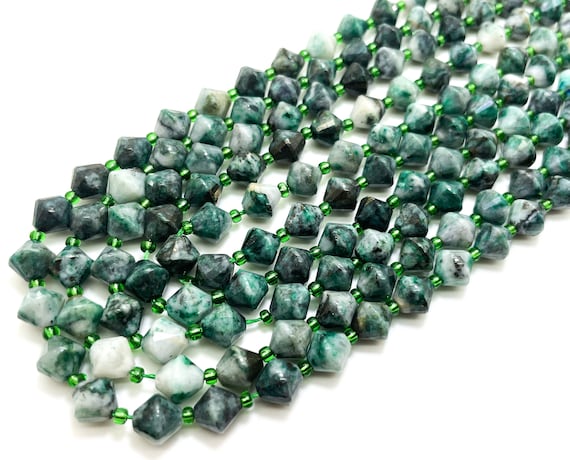 Natural Green Mountain Jade Beads, Green Jade Bicone Beads Faceted 8mm Gemstone Beads 15.5" Strand - PGS315H