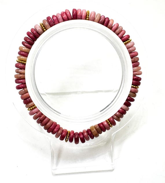 Handmade Rhodonite Rondelle Bracelet 6.5" – 6mm Gemstone Beads with Gold Spacers - PGB8R27