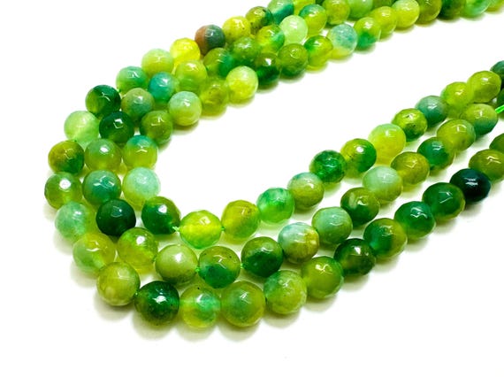 Cloudy White Green Agate Faceted Round 8mm Gemstone Jewelry Making Beads - RNF132-17