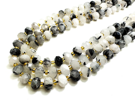 Natural Black Hair Rutilated Quartz Faceted Rondelle 5mm x 8mm Gemstone Beads - PGS321