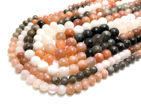 Natural Mixed Moonstone (White Gray Brown Peach Black) 6mm 8mm 10mm Smooth Round Loose Gemstone Beads - RN31