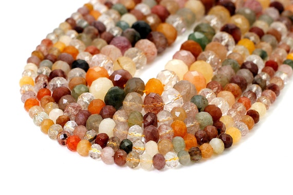 Natural Rutilated Quartz, Mix Color Rutilated Quartz Faceted Rondelle Gemstone Beads - RDF72