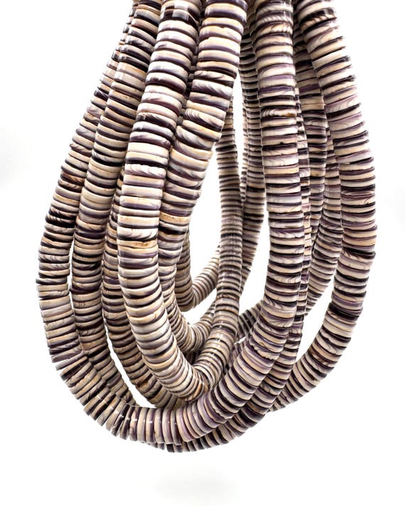 Natural Purple White Wampum Shell Beads Flat Round Disc Heishi USA Authentic East Coast Quahog Gemstone for Jewelry Making - PG261