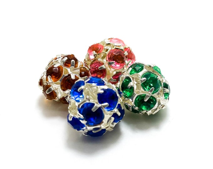 6pcs Silver Plated Filigree (Green Pink Blue Oragne) Rhinestone Balls Spacer (10mm -11mm) Beads - PAS18