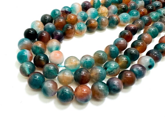 Aqua Blue Cloudy Orange Jade Smooth Polished Round 10mm Gemstone Jewelry Making Beads - RN197L