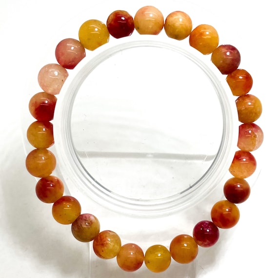 Pumpkin Yellow Red Jade Smooth Round Gemstone Beaded 8mm Bead Stretch Elastic Handmade Bracelet - PGB193