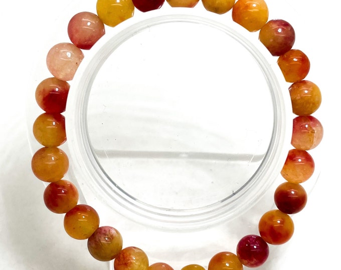 Pumpkin Yellow Red Jade Smooth Round Gemstone Beaded 8mm Bead Stretch Elastic Handmade Bracelet - PGB193