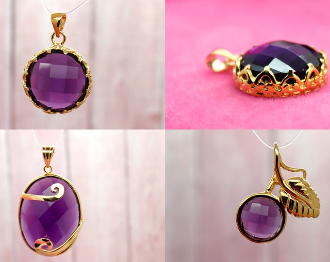 Natural Amethyst Pendant, Purple Amethyst Faceted Oval Round Shape Gemstone with Gold Plated Pendant for Man Woman Necklace