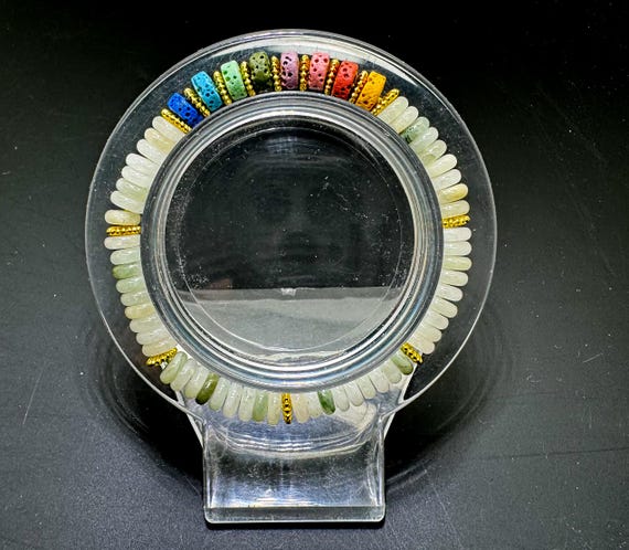 6.5" Green Jade & Chakra Lava Rock Bracelet – Handmade Elastic Cord, 6mm - PGB8R12