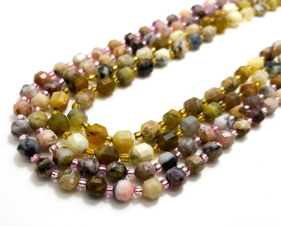 Natural Opal, Yellow Pink Opal Octagon Faceted Round Double Terminated Points Energy Prism Cut Gemstone Beads - PGS304